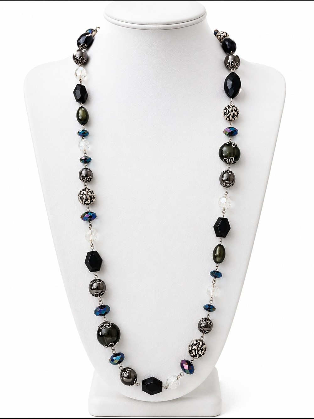 Elegant Black Beaded Strand Necklace - Brand